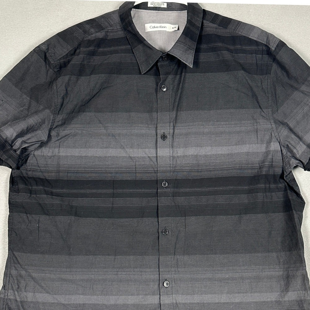 Calvin Klein Shirt Mens XL Black Grey Ombre Stripe Button-Up Casual Short Sleeve